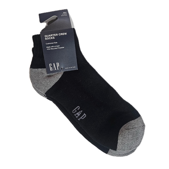 GAP Quarter Crew Socks Mens One Size Black Gray 3 Pack Cushioned Sole Sports - Picture 1 of 4